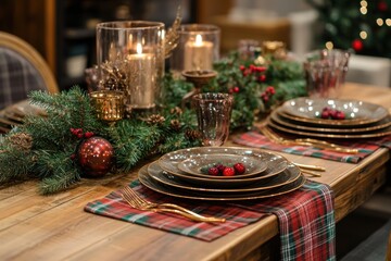 a festive dining room setup with a rustic table adorned in red and green plaid, gold plates, silverware, and a pine centerpiece with cranberries and candles, embodying a christmas home decor theme