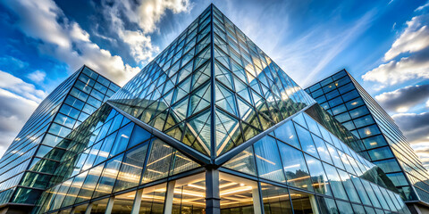 Fototapeta premium Bottom angle view of modern geometric glass building with unique design , futuristic, architecture, futuristic architecture