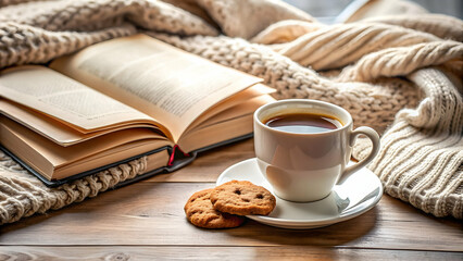 Cozy breakfast setup with a cup of coffee, book, and cookie , cozy, breakfast, home, cafe, atmosphere, relaxation, comfort, coffee