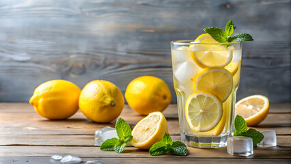 Fototapeta premium Glass of refreshing fresh lemonade with slices of lemon and ice cubes, lemonade, glass, fresh, drink, beverage, citrus, cold