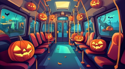 Spooky Halloween bus ride with jack o lanterns hanging from the ceiling