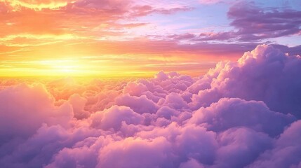 A breathtaking view of radiant clouds illuminated by the golden hues of dawn, capturing serenity and peace in the vast sky above.