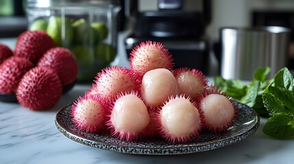 Rambutan slice served ceramic plate bright modern kitchen smoothie blender fresh ingredient ready healthy meal prep highlighting fruit versatility wellness routines Scientific name Nephelium lappaceum
