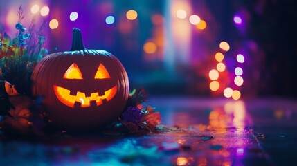 Obraz premium Halloween pumpkin background. Glowing jack-o'-lantern on a wooden surface with autumn leaves and bokeh lights.