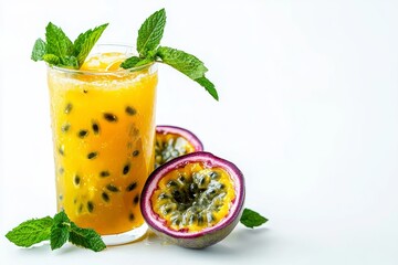 Fototapeta premium Delight in the Refreshing Zest of a Tropical Passion Fruit Drink with Cooling Mint, Perfect for a Hot Summer Day, Feeling Rejuvenated!