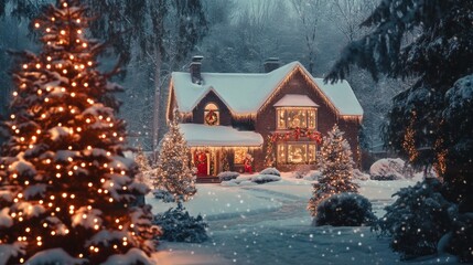 Fototapeta premium Snowy cottage surrounded by twinkling Christmas lights and snow-covered trees in magical winter setting. Vibrant Christmas tree decorated glowing lights ornaments, snowfall and bokeh in background