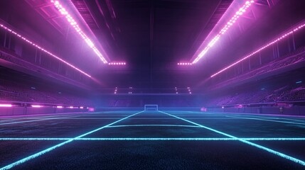 Empty Stadium with Neon Lights and a Soccer Field