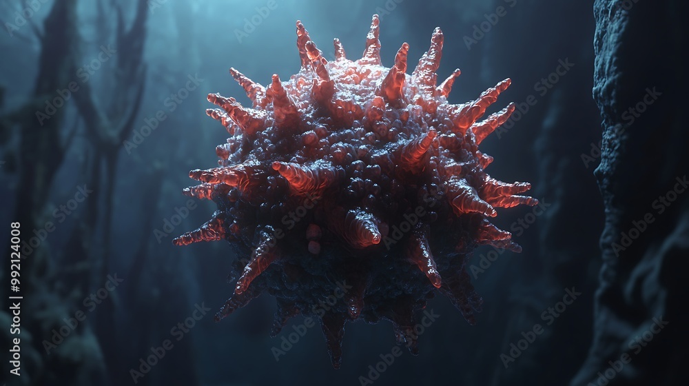 Poster 3d rendering of a red spiky virus cell in dark forest