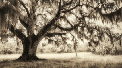 An old oak tree covered in Spanish moss, creating an eerie yet beautiful atmosphere in the deep south of the United States.