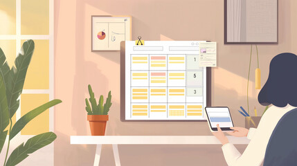 A cozy office with a large wall calendar showing highlighted publication dates. A person syncing updates on a tablet while automatic updates appear on the screen. 