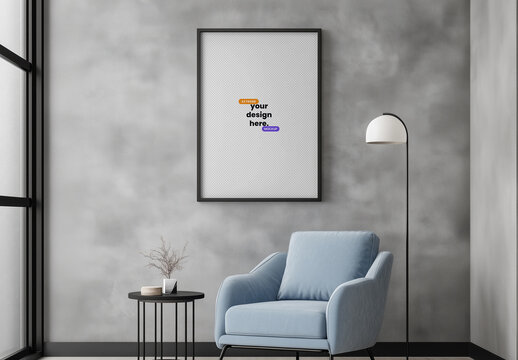 A2 Frame Mockup Hanging on the Wall Modern Living Room with Generative AI