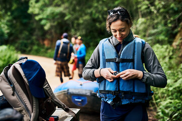 Outdoor, woman and safety with jacket for rafting, challenge and competition with rafter for sports...