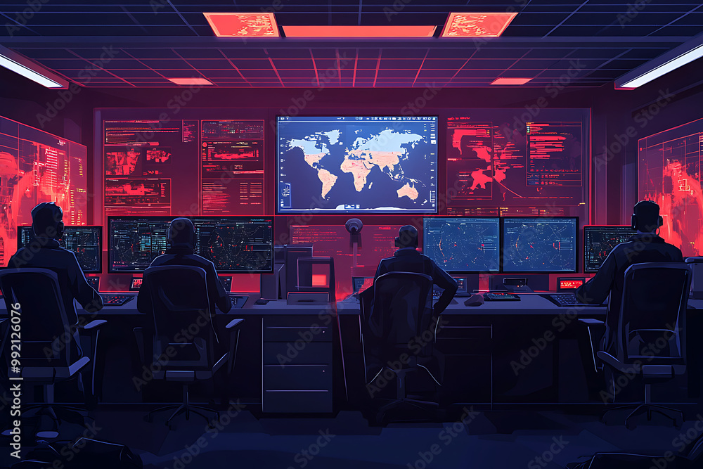 Poster a high-tech control room monitoring global data and cybersecurity threats.