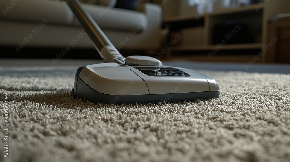 Wall mural Effortlessly Cleaning: A Close-Up View of a Sleek Vacuum on Plush Carpeting at Home