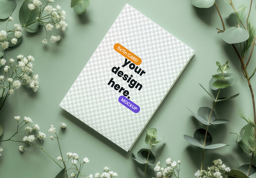 Card Mockup with Breath Flowers and Green Eucalyptus Leaves with Generative AI