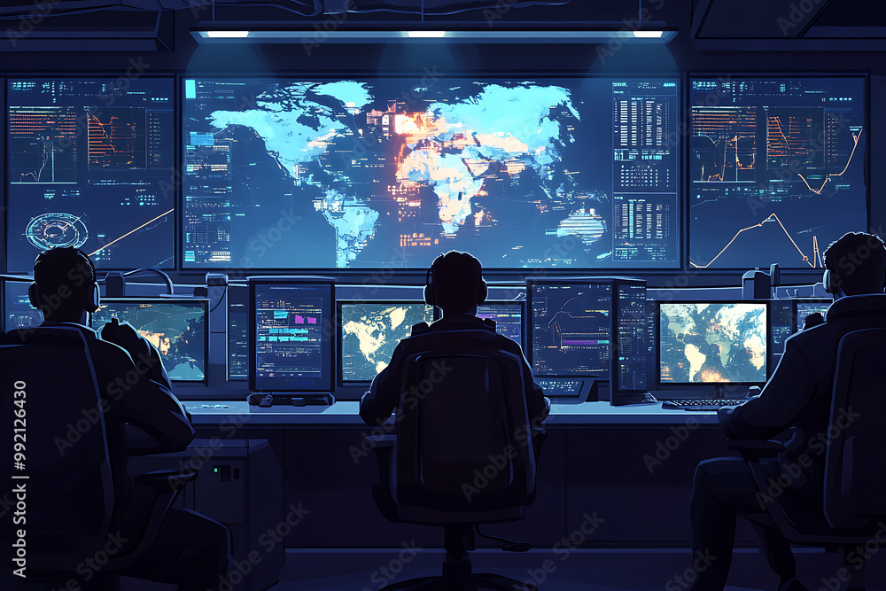Poster a high-tech control room monitoring global data and analytics with multiple screens.