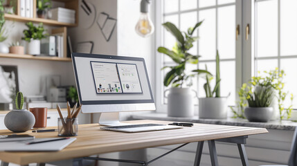 A workspace with a laptop showing a social media post generator interface, with AI-created content on the screen. Next to the laptop, visual concepts and ideas for graphics are scattered