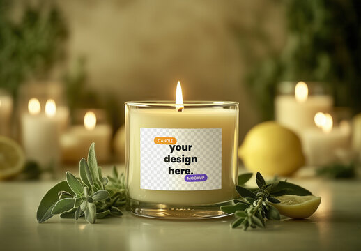 Scented Candle Mockup Glass Container with Fresh Sage Rosemary and Lemons with Generative AI