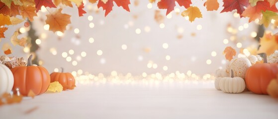 Fototapeta premium Happy Thanksgiving Day. Halloween background. Autumn arrangement of leaves, berries and small pumpkin on a yellow background