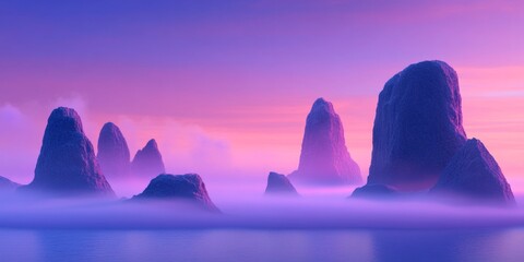 Fototapeta premium Towering rock formations rise through misty clouds during a pink and purple sunset over calm waters.