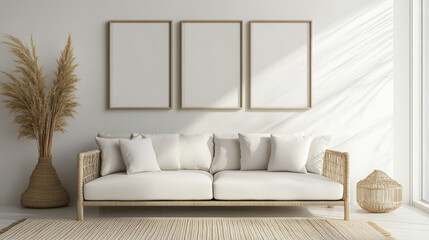 Fototapeta premium Minimalist wall art mockup with a cozy white sofa in a bright interior and soft decor elements
