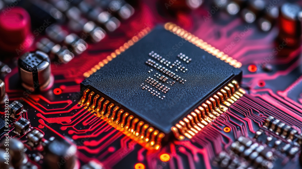 Poster a detailed view of a microprocessor mounted on a red circuit board, showcasing its complex connectio