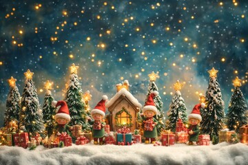 christmas elves wrapping gifts, enchanting christmas elves wrapping gifts beneath starry skies, surrounded by snowy pines the perfect backdrop for your holiday wishes