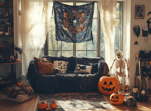 Cozy living room decorated for Halloween with a spooky vibe