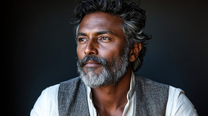Obraz premium A middle-aged man with a full beard and curly hair appears lost in thought, showcasing a serene expression in natural lighting