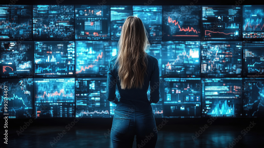 Poster a professional reviews digital charts and graphs in a dark, high-tech environment filled with screen