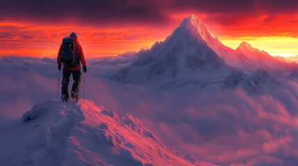 Fototapeta premium A lone hiker, equipped with trekking poles, gazes at the breathtaking sunrise illuminating snow-covered peaks and clouds below