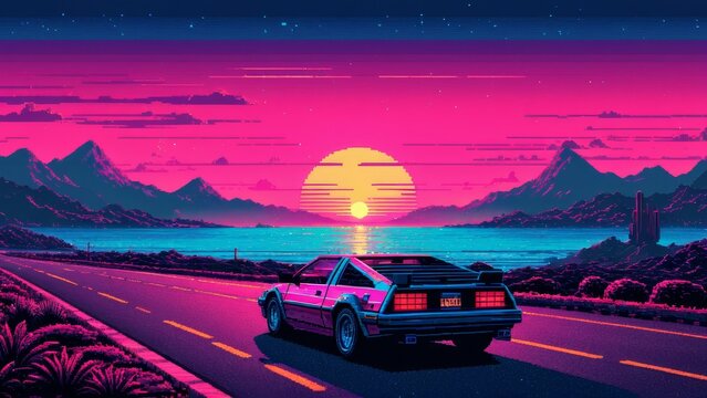 80s pixel art of synthwave landscape with car.