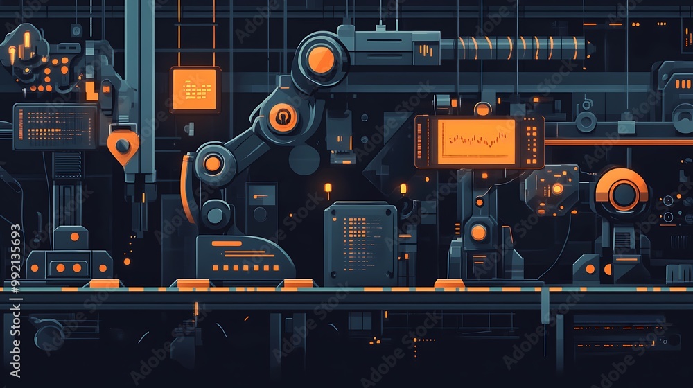 Aufkleber futuristic technology background, abstract factory with digital interfaces and robotic arm