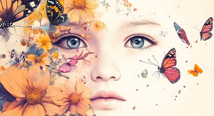Fototapeta premium A child's partial face decorated with delicate floral elements and butterflies. The combination of realism and whimsical details.