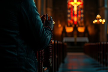 Person kneeling pew quiet reflection inside a church holding a rosary beads hands