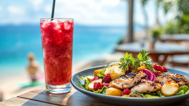 Rose apple salad grilled chicken almonds served vibrant beachfront caf detox smoothies and yoga gear softly blurred behind promoting a proteinpacked nutritious meal Scientific name Syzygium jambos