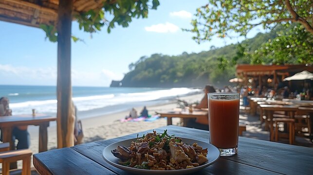 Rose apple salad grilled chicken almonds served vibrant beachfront caf detox smoothies and yoga gear softly blurred behind promoting a proteinpacked nutritious meal Scientific name Syzygium jambos