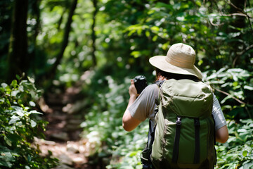 Hiker exploring a nature trail, documenting flora and fauna