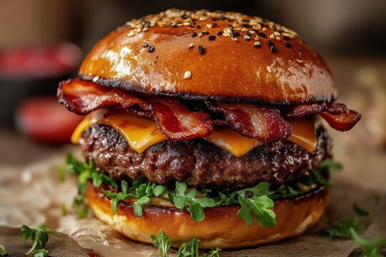 banner design featuring a gourmet beef burger with bacon strips, promoting the concept of homemade burgers