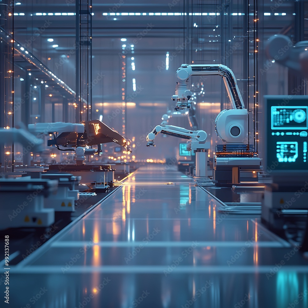Poster futuristic factory with robotic arms on an automated assembly line