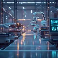 Fototapeta premium Futuristic factory with robotic arms on an automated assembly line