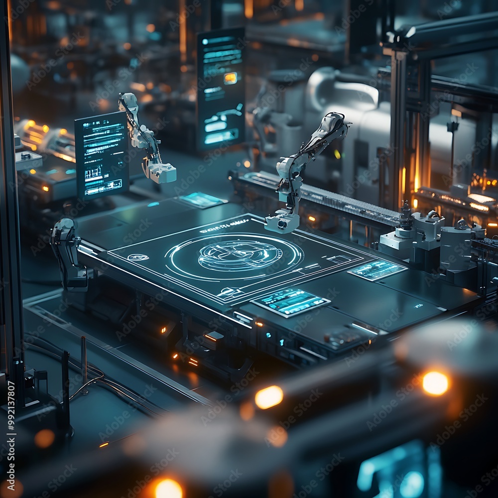 Poster futuristic high tech laboratory with robotic arms and digital interface