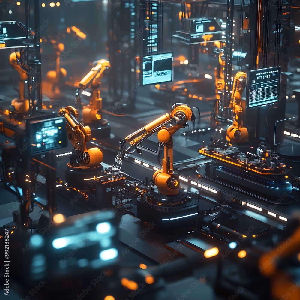 Poster futuristic robotic automation factory line 3d rendering