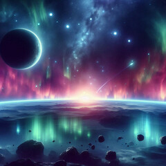 Obraz premium A futuristic galaxy scene with a distant planet