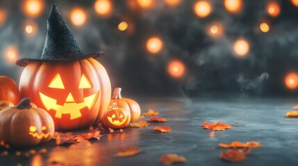 Naklejka premium A bright orange pumpkin with a carved creepy face, lit from within by a candle, against the backdrop
