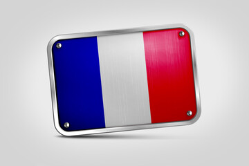 Silver plate With France Flag Embossed. Flag Fixed in Silver Plate Isolated on White Background. Silver Plate Mockup. Symbol, Minimal, Vector, 3D, Icon, Illustration Background.