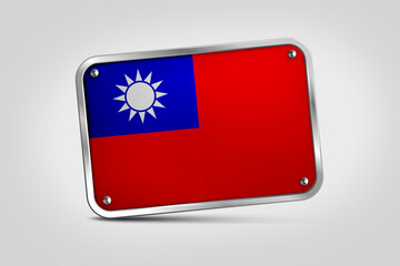Silver plate With Taiwan Flag Embossed. Flag Fixed in Silver Plate Isolated on White Background. Silver Plate Mockup. Symbol, Minimal, Vector, 3D, Icon, Illustration Background.