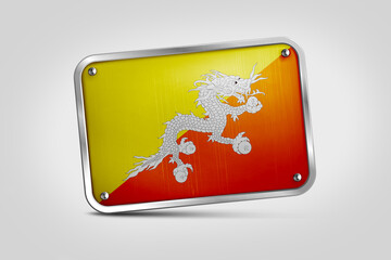 Silver plate With Bhutan Flag Embossed. Flag Fixed in Silver Plate Isolated on White Background. Silver Plate Mockup. Symbol, Minimal, Vector, 3D, Icon, Illustration Background.