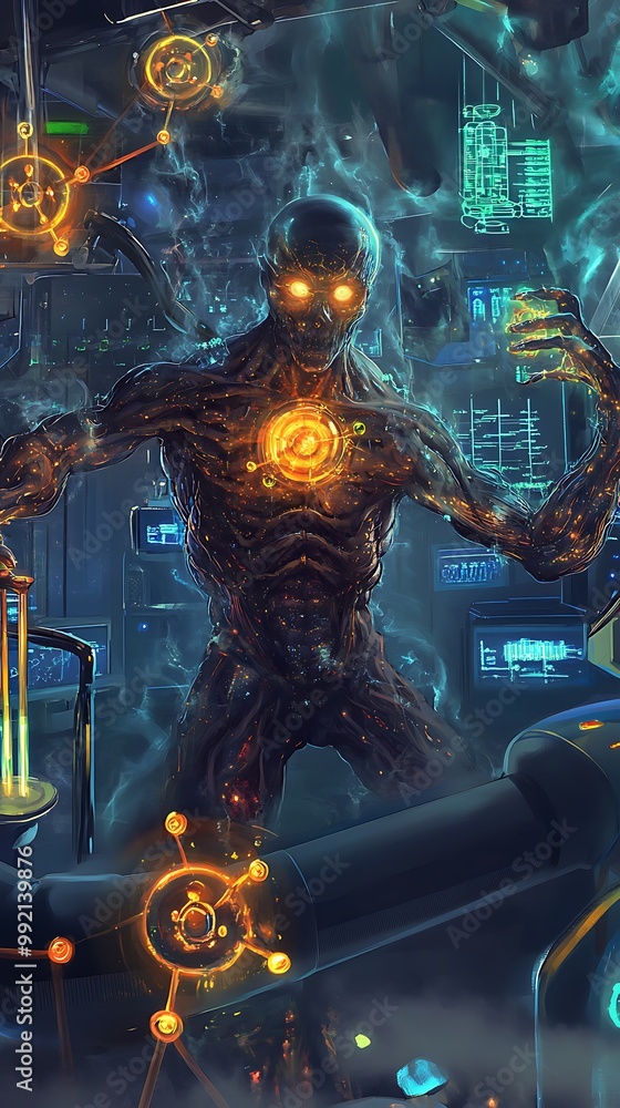 Poster cyberpunk robot with glowing eyes and circuits in a futuristic lab setting