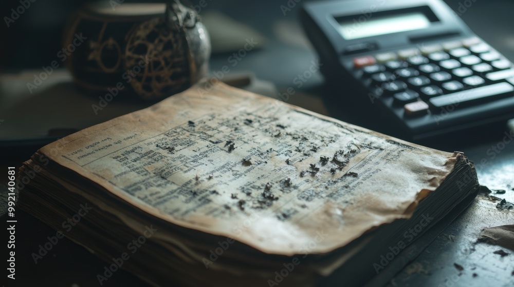 Poster old distressed book laying on desk with calculator in background
